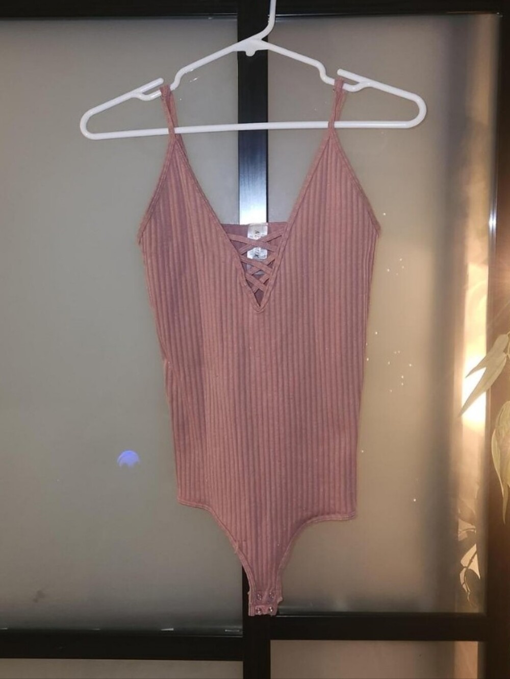 Ribbed Mauve One-Piece Bodysuit with Lace-Up Front